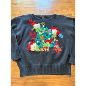 Vintage Grandma Christmas Sweater Santa Elves Tree Large